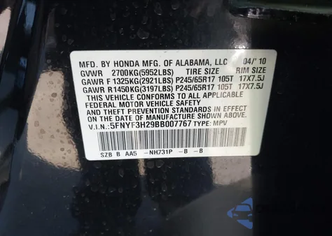 2011 Honda Pilot Lx z USA, uszkodzony, nr VIN 5FNYF3H29BB007767